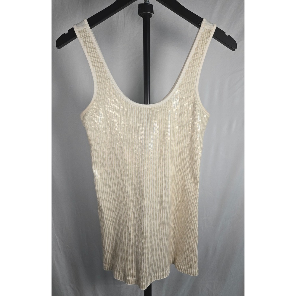 Sequin Ribbed Tank Top Size Small Cream Sleeveless Y2K Party Clubwear Festival